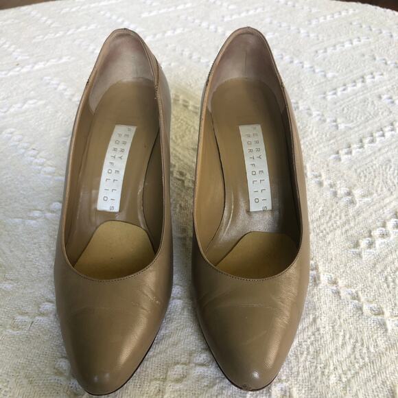 VTG Perry Ellis Portfolio Leather Heels Taupe Green Diamond 80s Italy 8 B Career - Picture 2 of 15